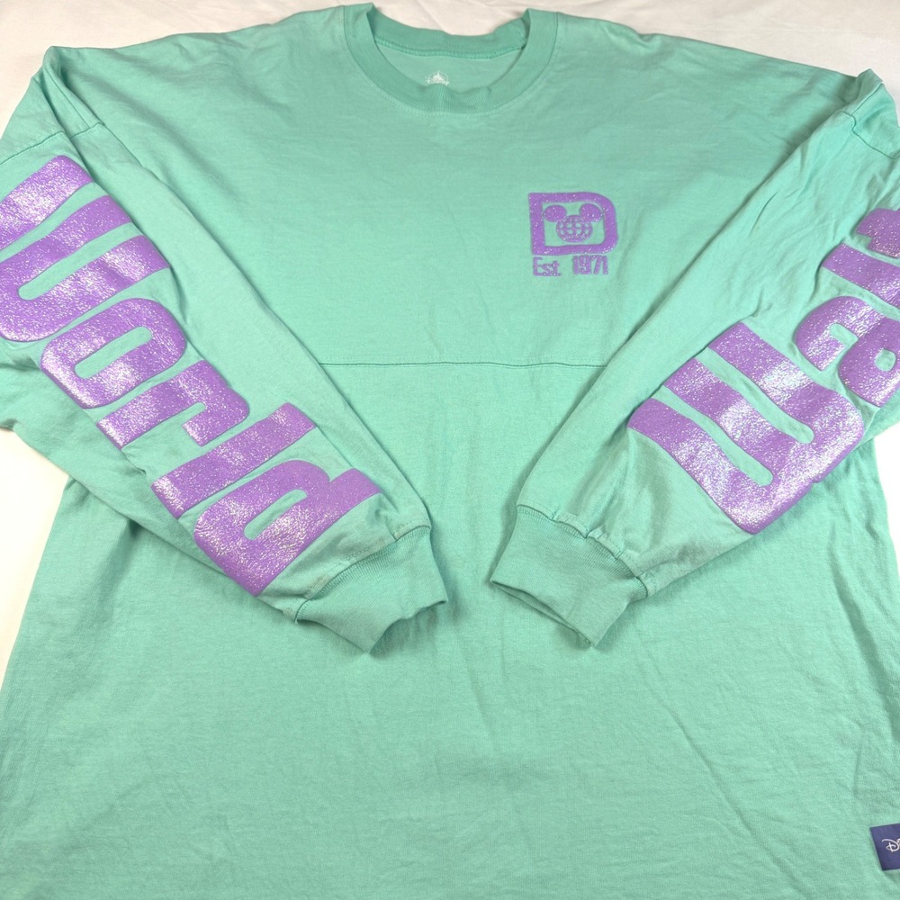 Disney Spirit Jersey Shirt Womens M Green Purple Glitter Walt Disney World NWOT